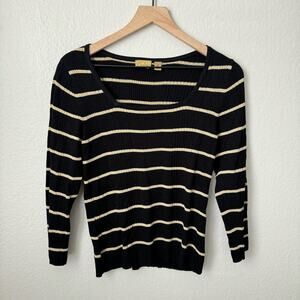 Vintage Y2K Caslon Women's Medium Black Stripe Rib Pullover Scoop Longsleeve Top